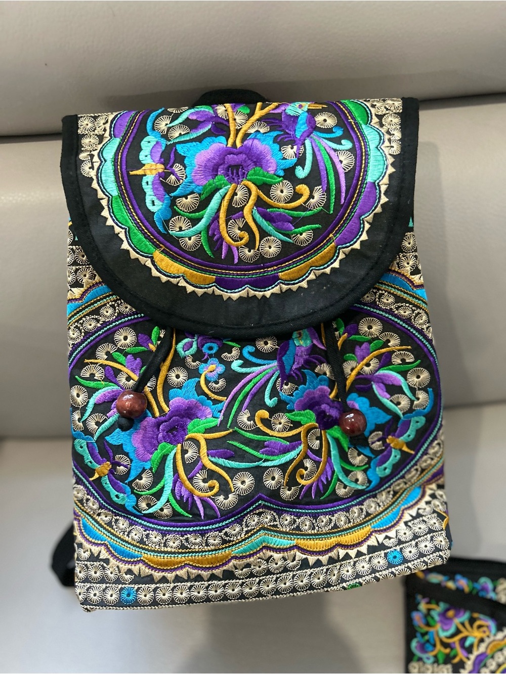 Embroidered Floral Mini Backpack - Black with Teal & Purple